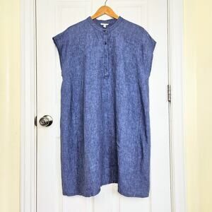 Eileen Fisher Organic Linen Mandarin Collar Shift Dress Pocket Lagom Size XL